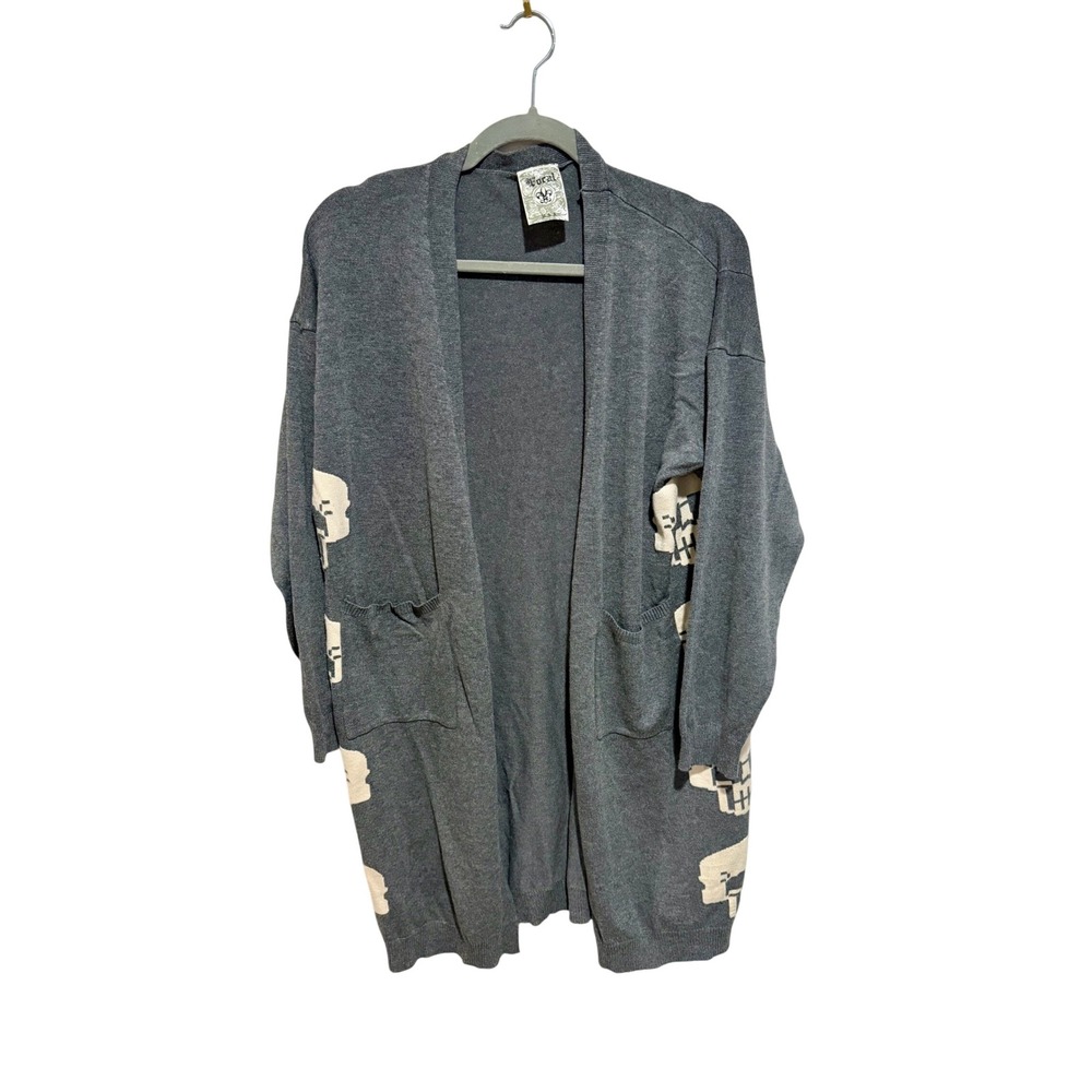 Vocal Gray Skull Duster Cardigan‎ Knitwear Open Front Bohemian Casual Large